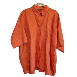 Planet by Lauren G Orange Linen One Size Short Sleeve Flowy Button Up Shirt